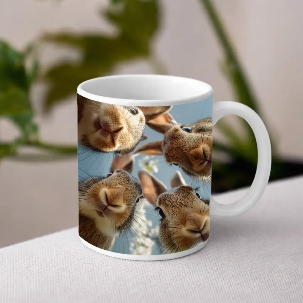 Four Rabbits Close Up Spring Blossoms – Mugs