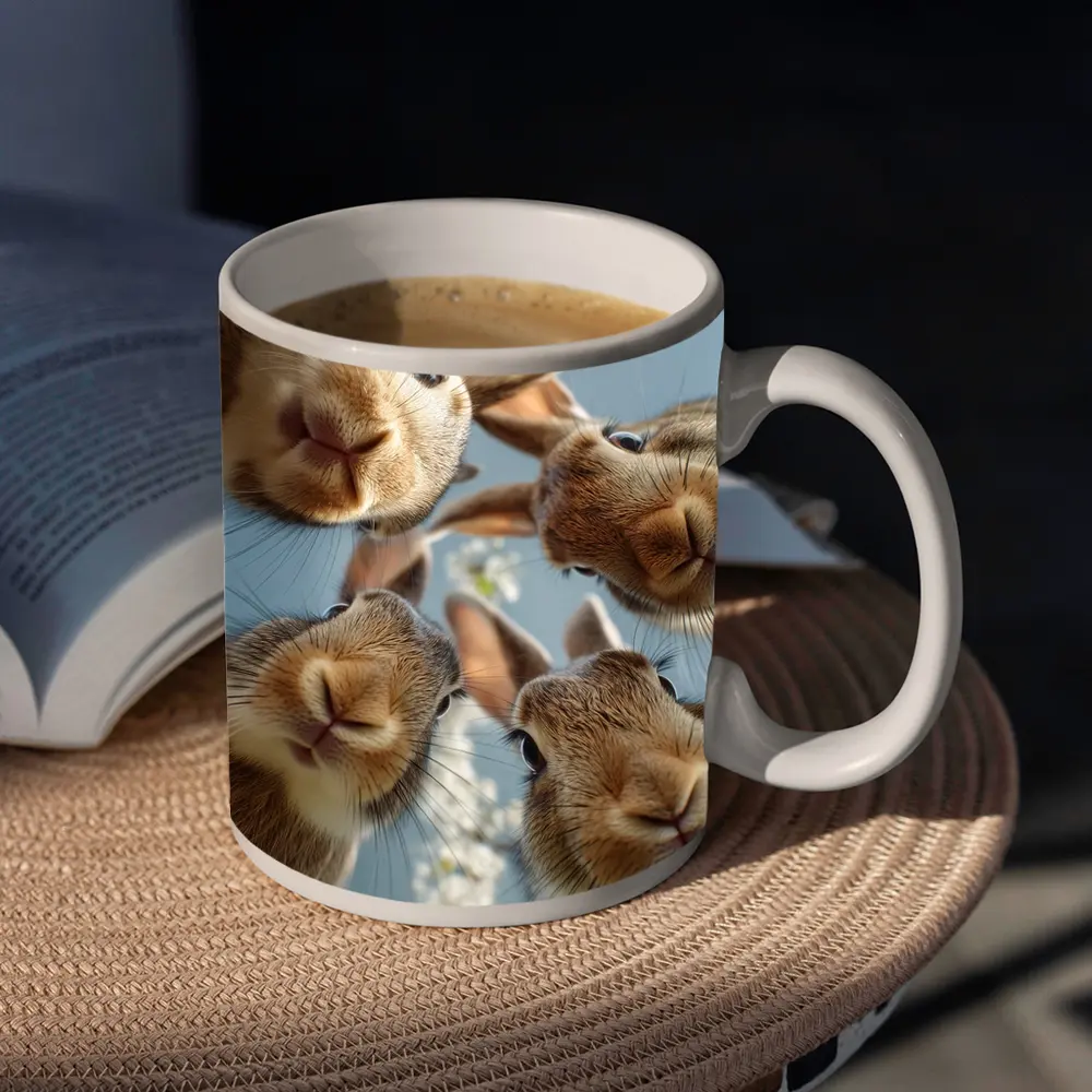 Four Rabbits Close Up Spring Blossoms – Mugs