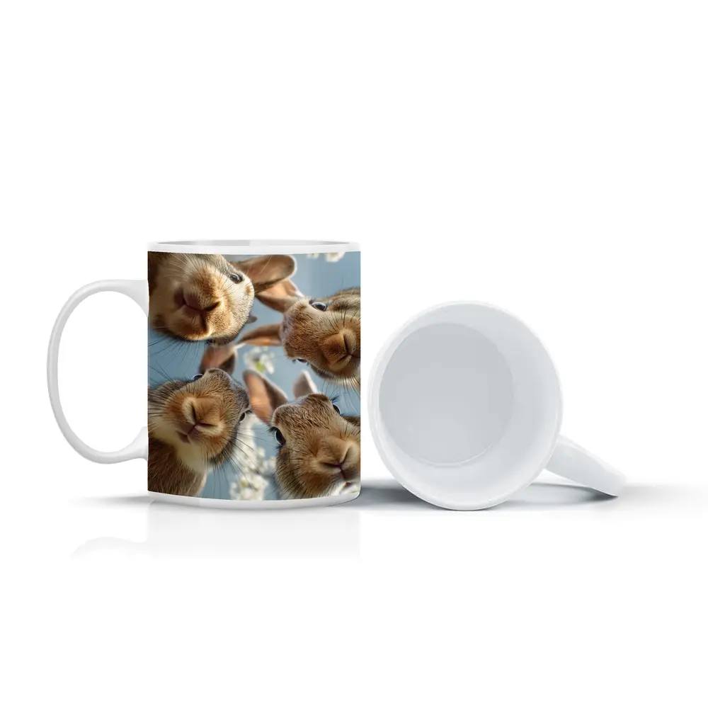 Four Rabbits Close Up Spring Blossoms – Mugs