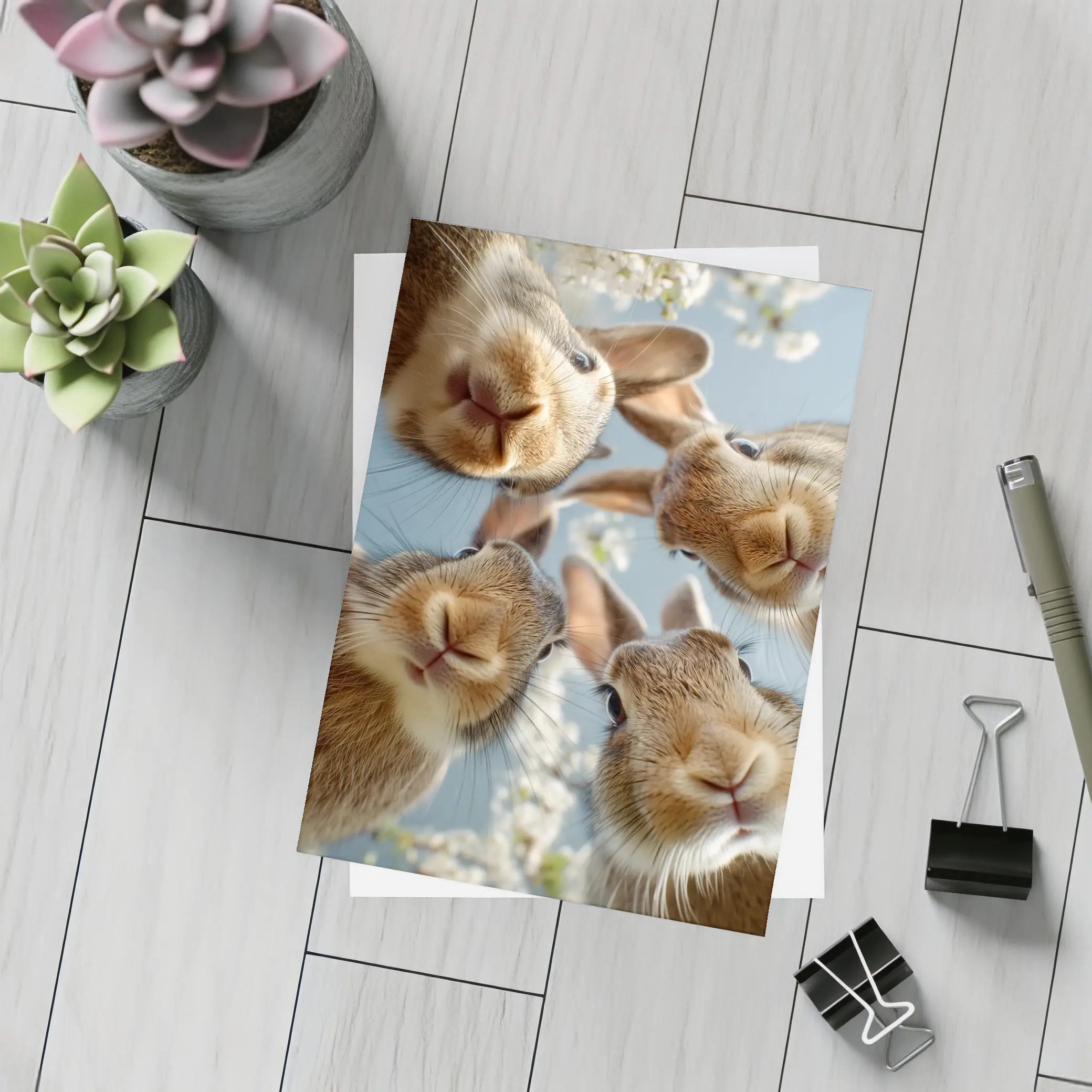 Four Rabbits Close Up Spring Blossoms – Postcards
