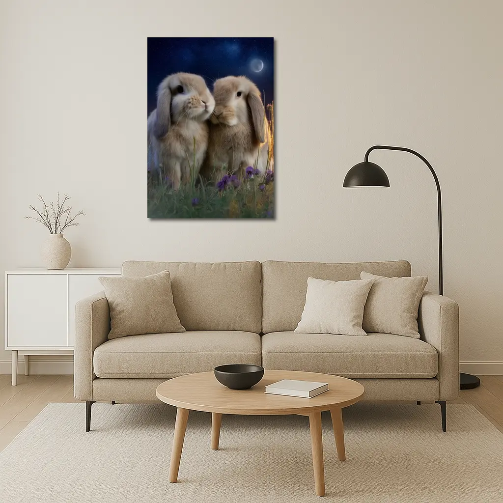 Two Lop Rabbits Sitting Under Night Sky – Wall Art
