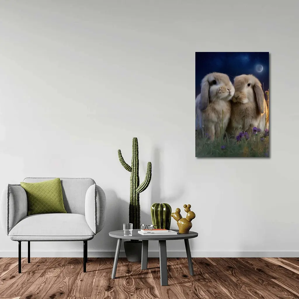 Two Lop Rabbits Sitting Under Night Sky – Wall Art