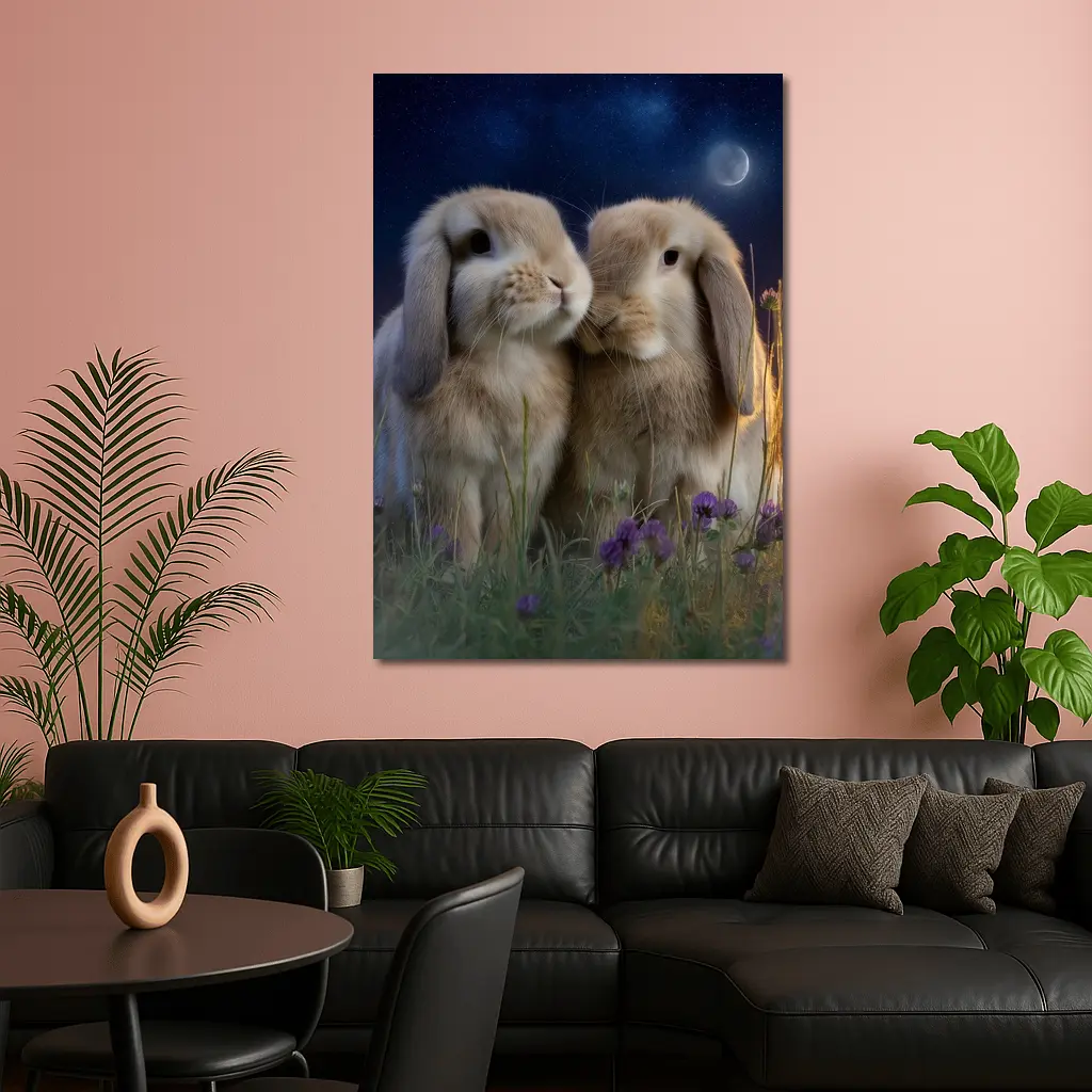 Two Lop Rabbits Sitting Under Night Sky – Wall Art