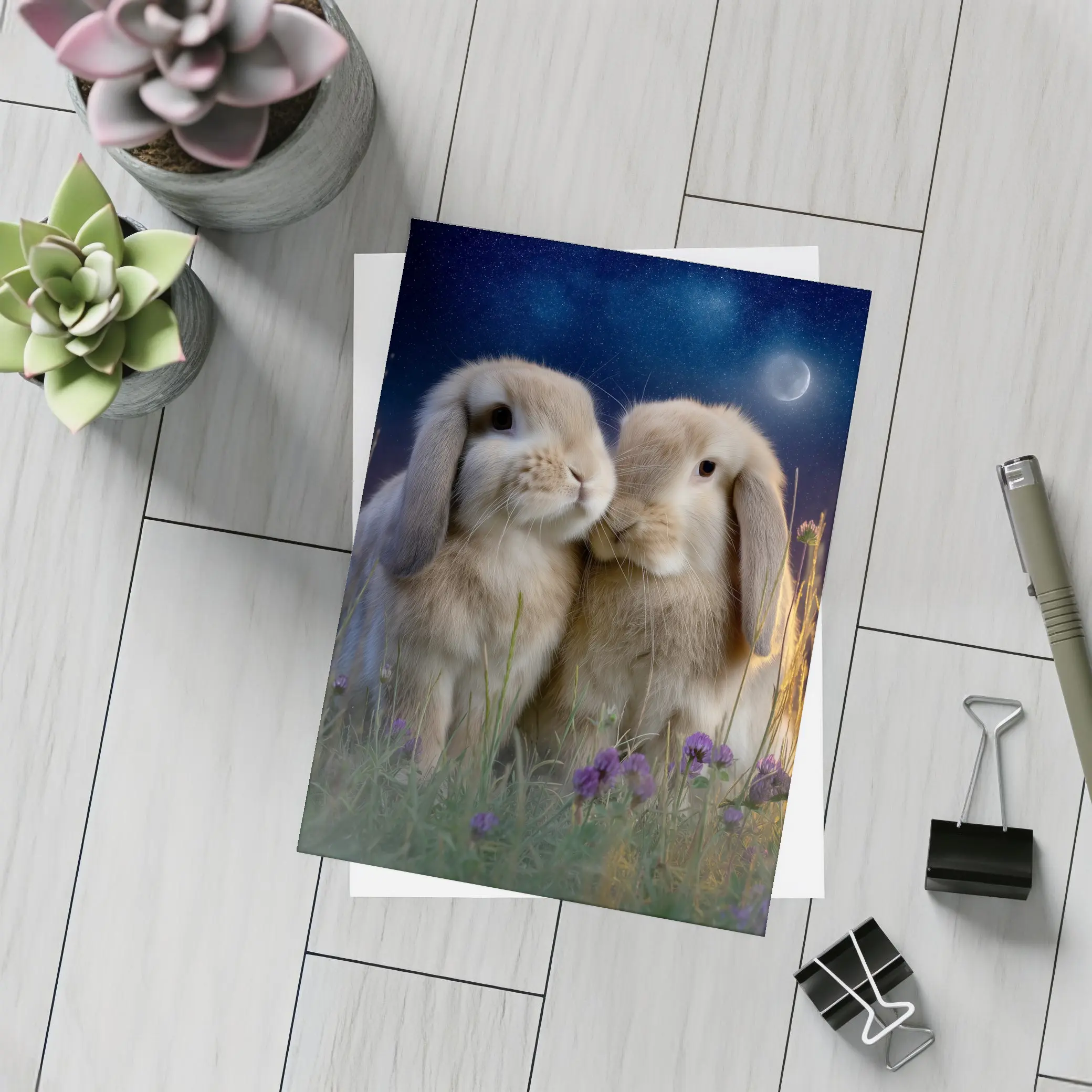 Two Lop Rabbits Sitting Under Night Sky – Postcards