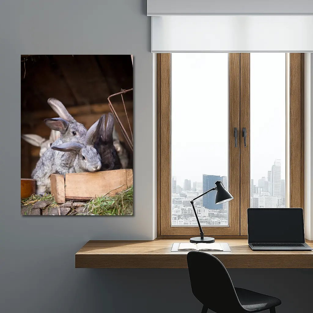 Gray Rabbits Resting in Wooden Hutch – Wall Art