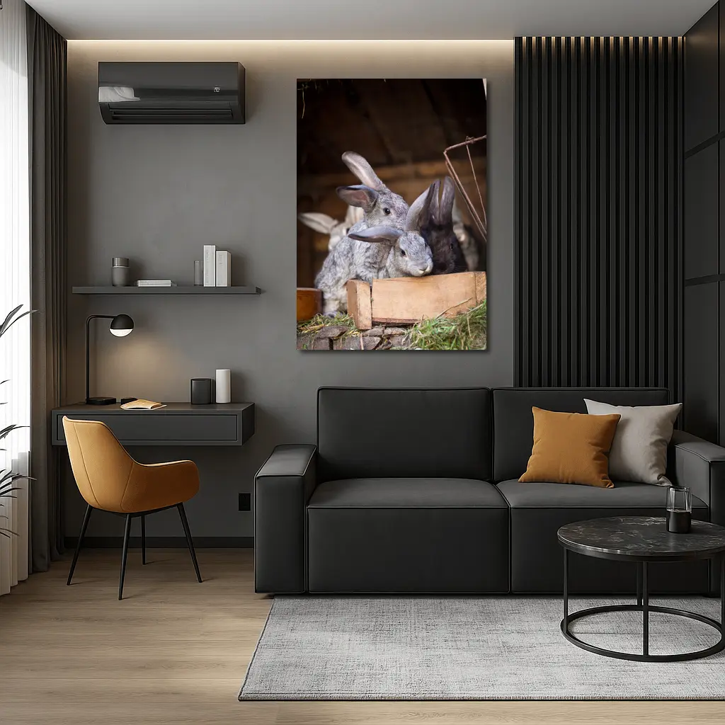 Gray Rabbits Resting in Wooden Hutch – Wall Art