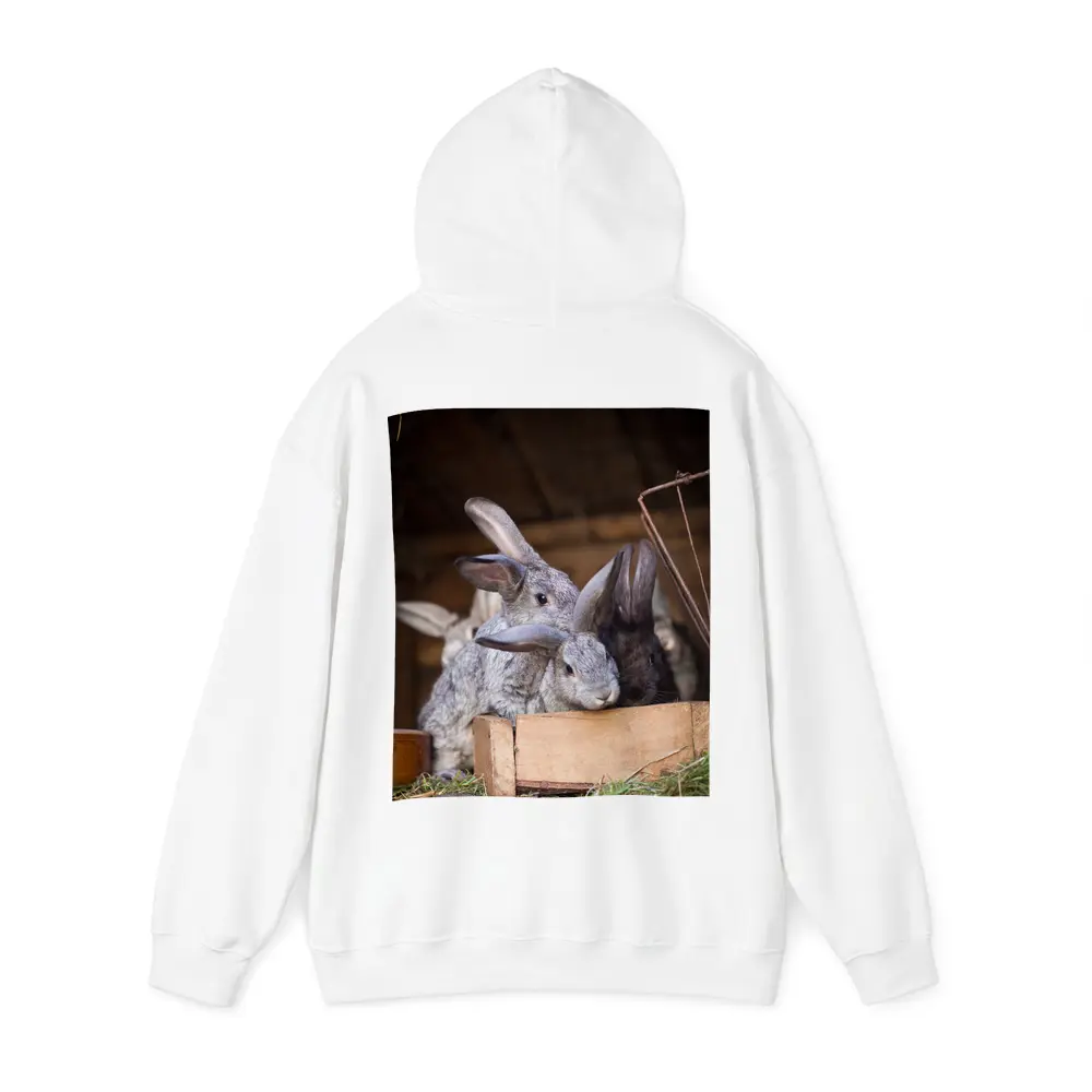 Gray Rabbits Resting in Wooden Hutch – Hoodies