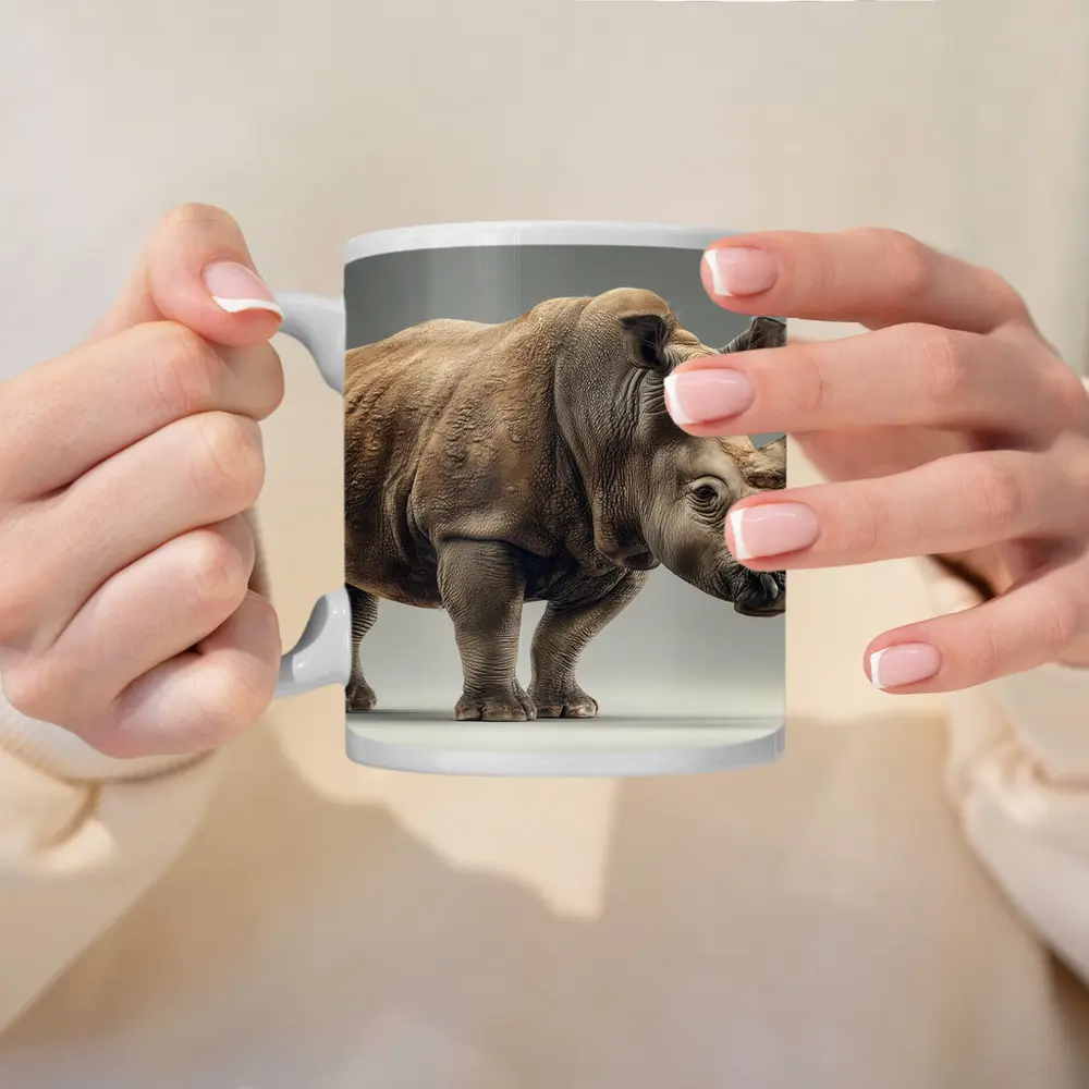 White Rhinoceros Portrait on Gray Background – Mugs