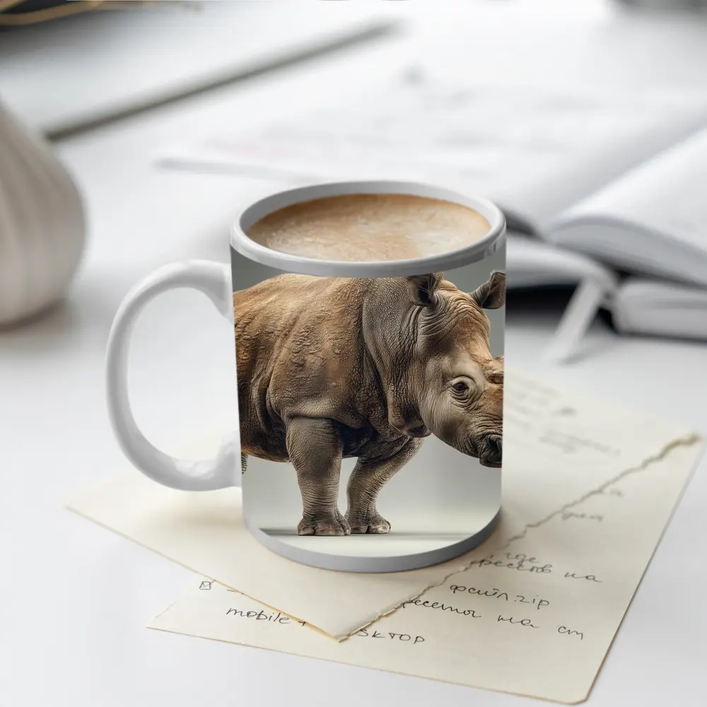 White Rhinoceros Portrait on Gray Background – Mugs