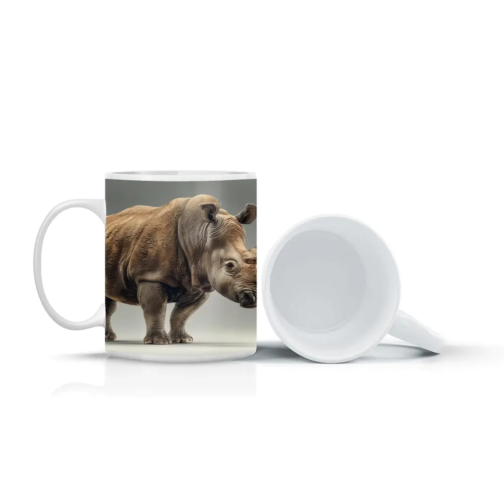 White Rhinoceros Portrait on Gray Background – Mugs