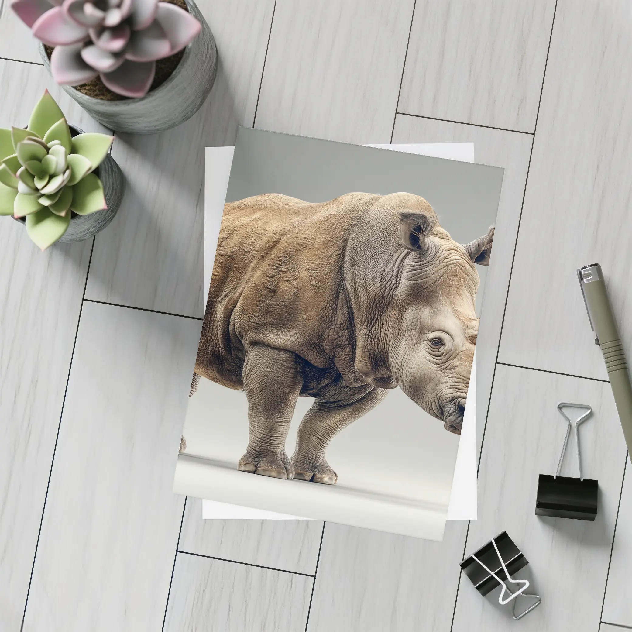 White Rhinoceros Portrait on Gray Background – Postcards