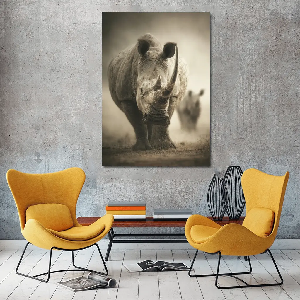 White Rhino Charging Through Dusty Savanna – Wall Art