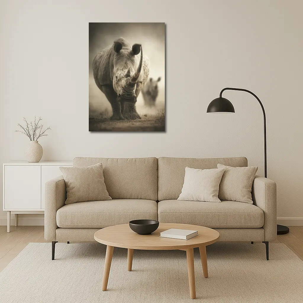 White Rhino Charging Through Dusty Savanna – Wall Art