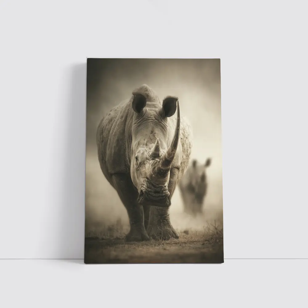 White Rhino Charging Through Dusty Savanna – Wall Art