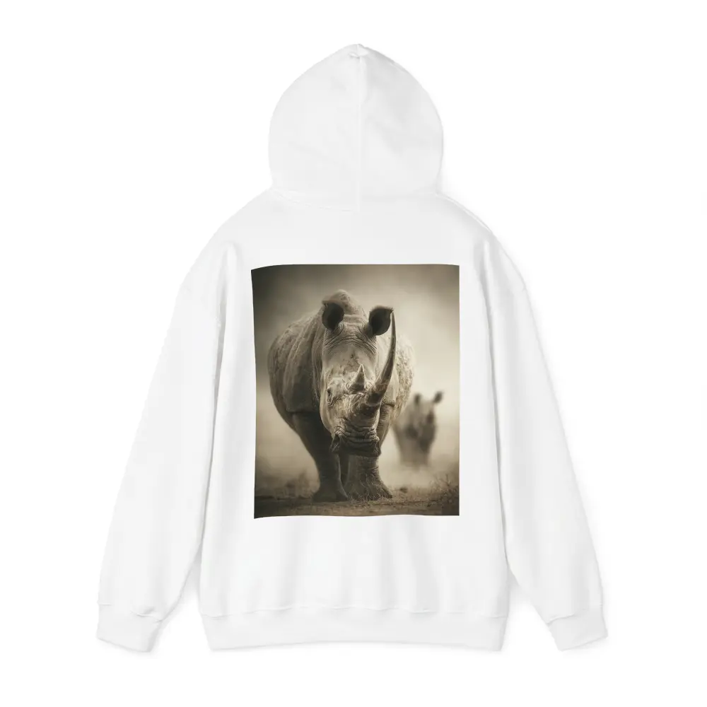 White Rhino Charging Through Dusty Savanna – Hoodies