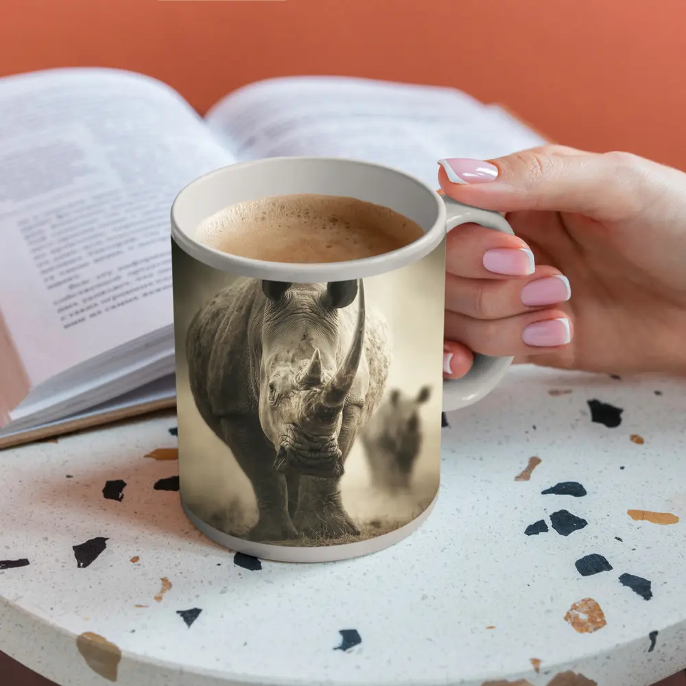 White Rhino Charging Through Dusty Savanna – Mugs