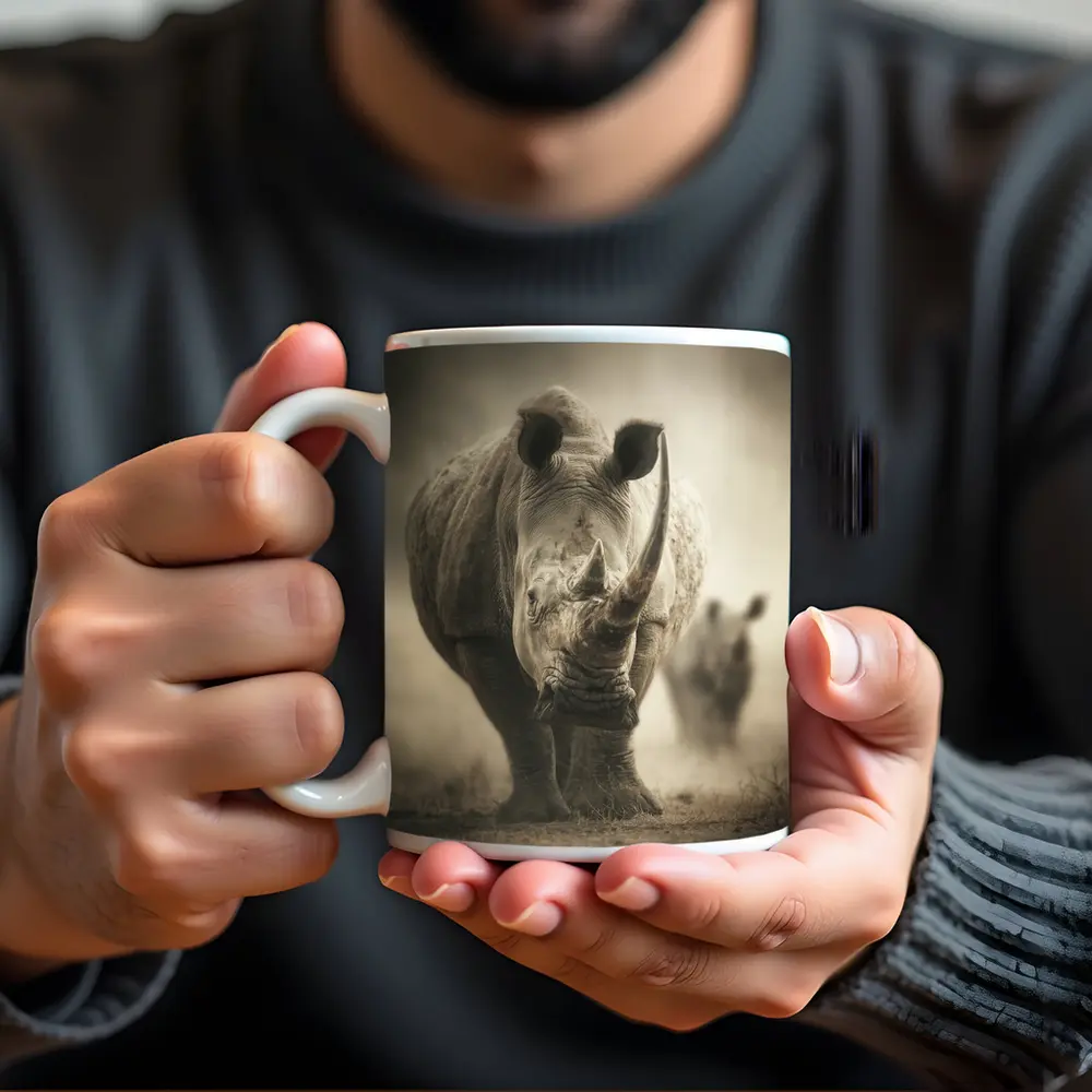 White Rhino Charging Through Dusty Savanna – Mugs