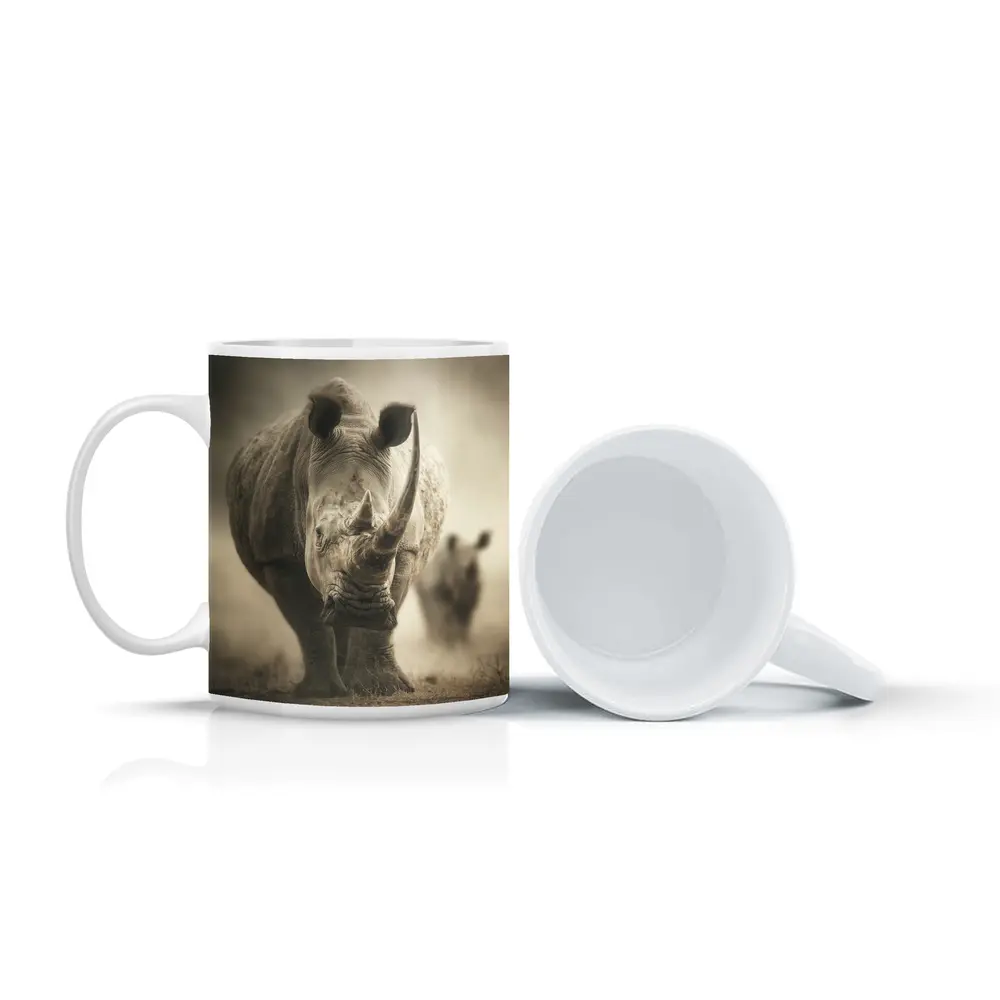 White Rhino Charging Through Dusty Savanna – Mugs