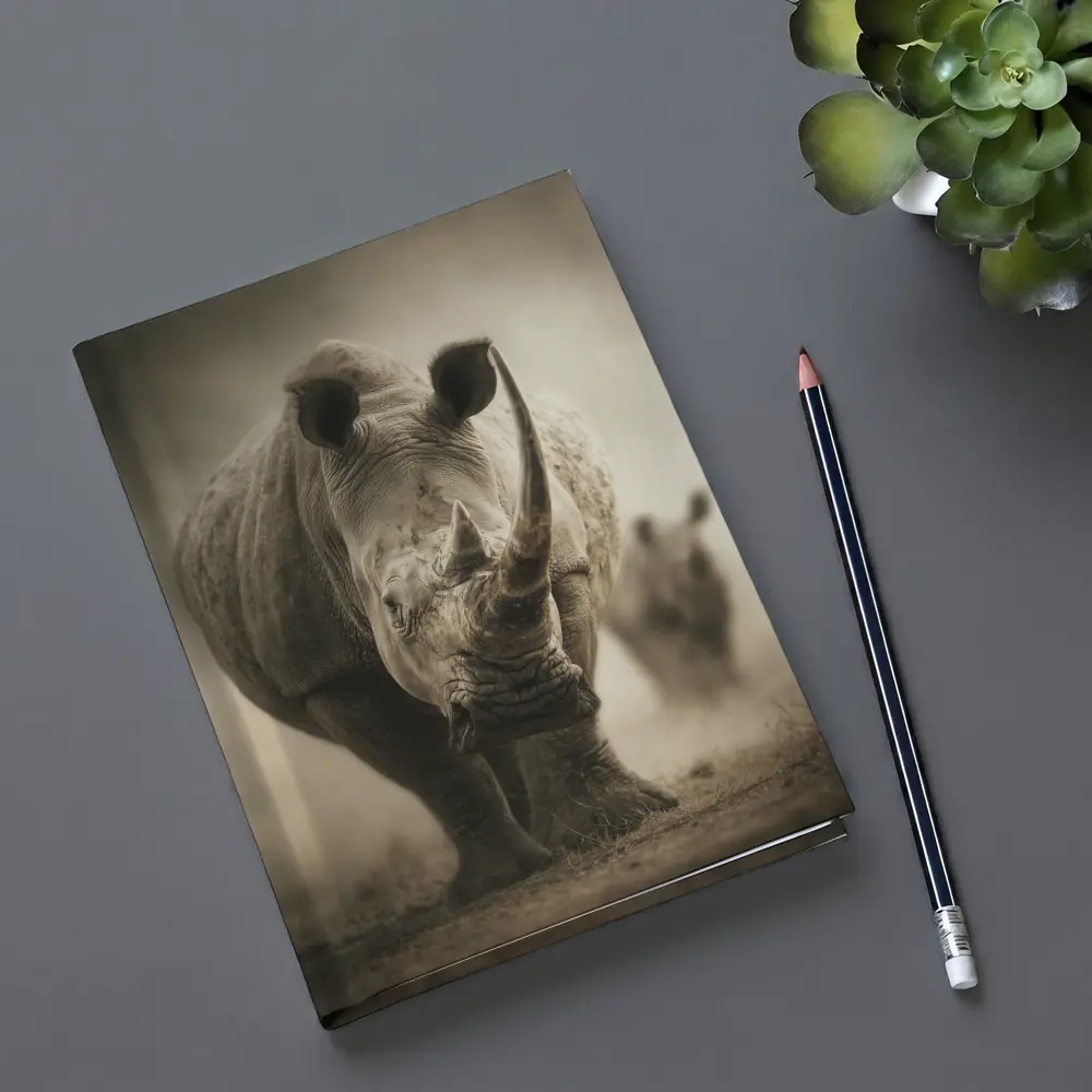 White Rhino Charging Through Dusty Savanna – Notebooks