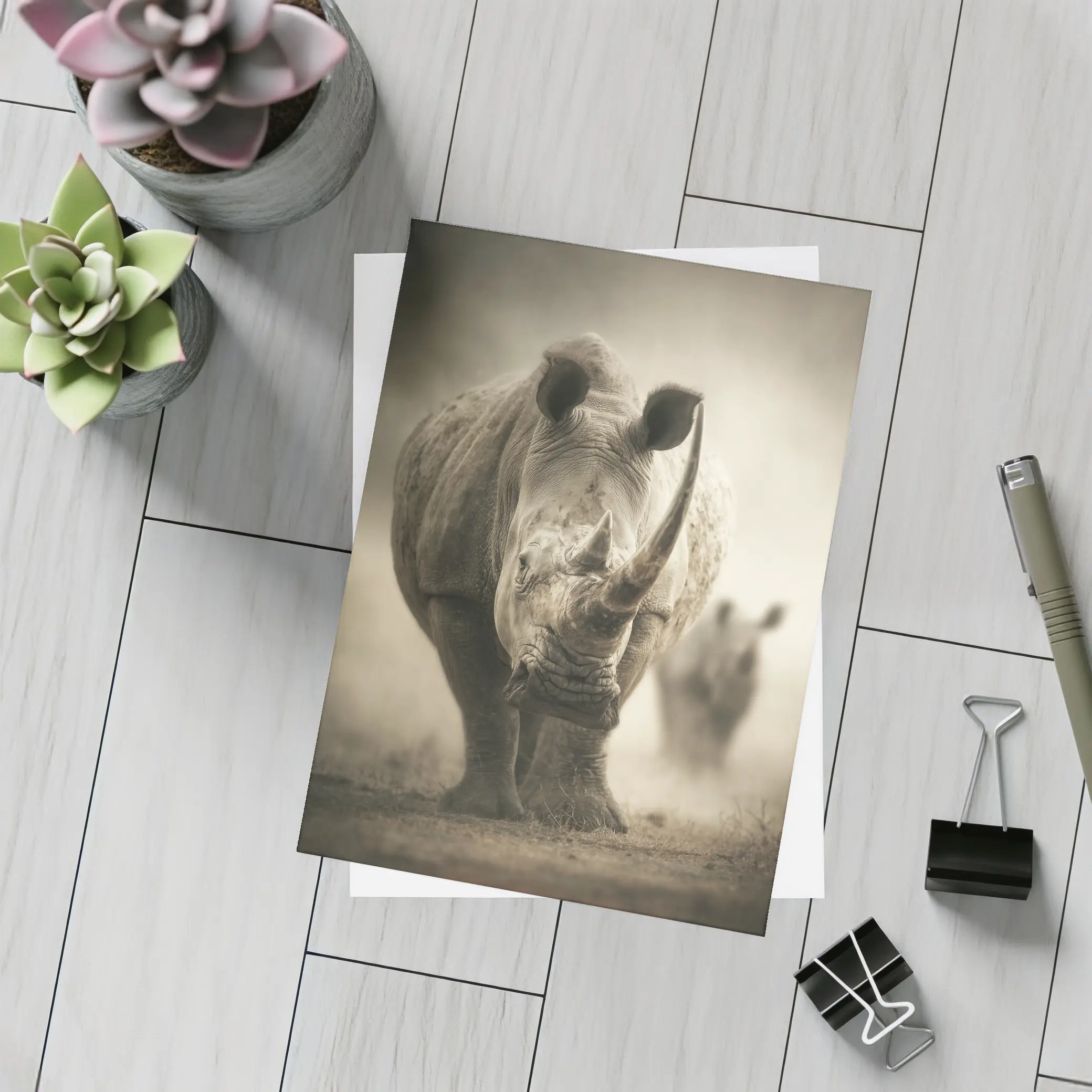 White Rhino Charging Through Dusty Savanna – Postcards