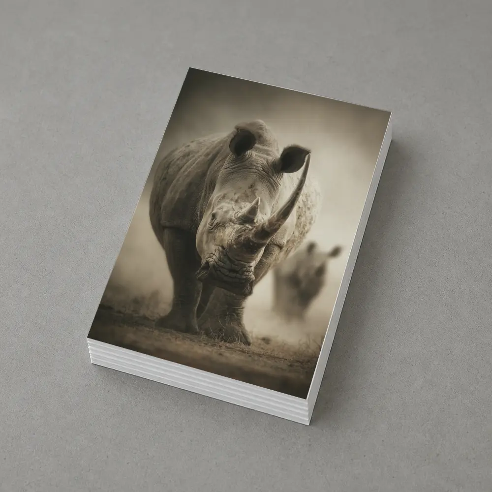 White Rhino Charging Through Dusty Savanna – Postcards