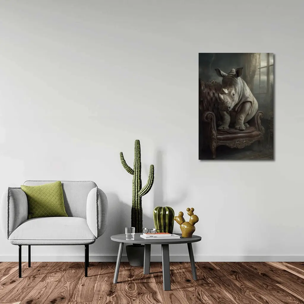 Rhino Sitting on Vintage Leather Armchair – Wall Art