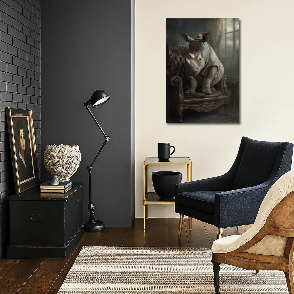Rhino Sitting on Vintage Leather Armchair – Wall Art