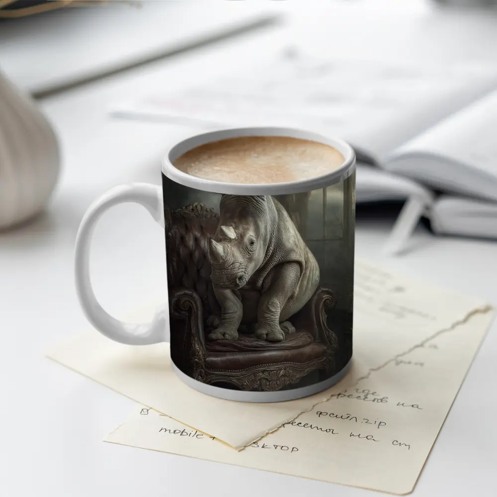 Rhino Sitting on Vintage Leather Armchair – Mugs