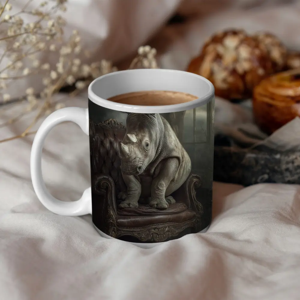 Rhino Sitting on Vintage Leather Armchair – Mugs