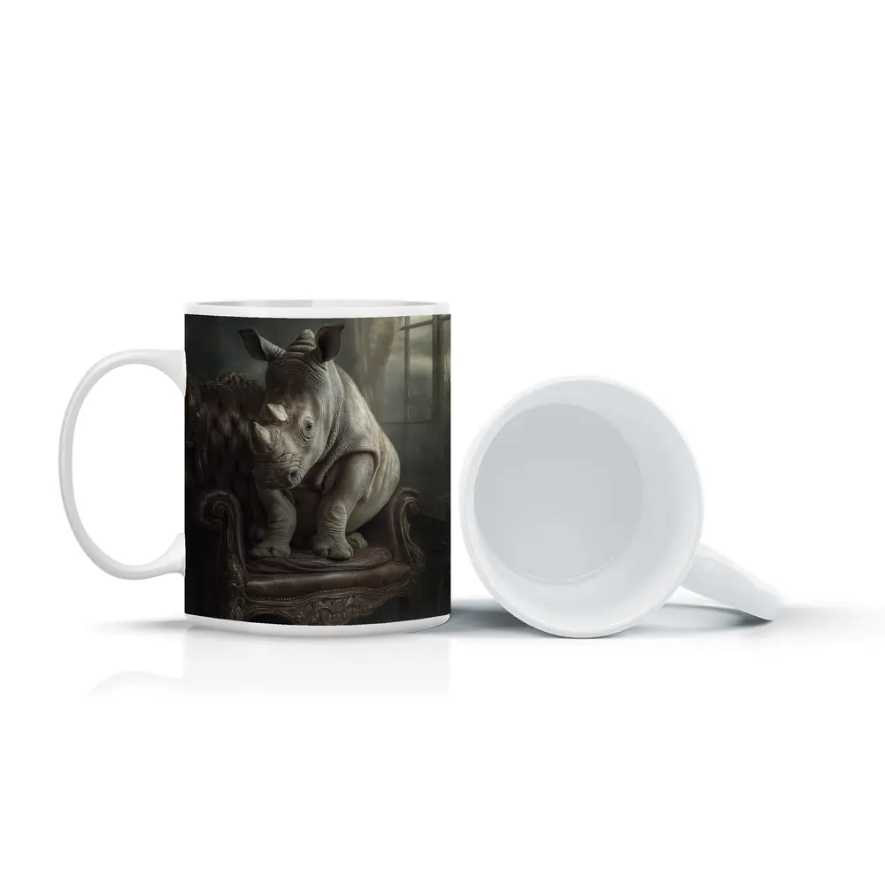 Rhino Sitting on Vintage Leather Armchair – Mugs