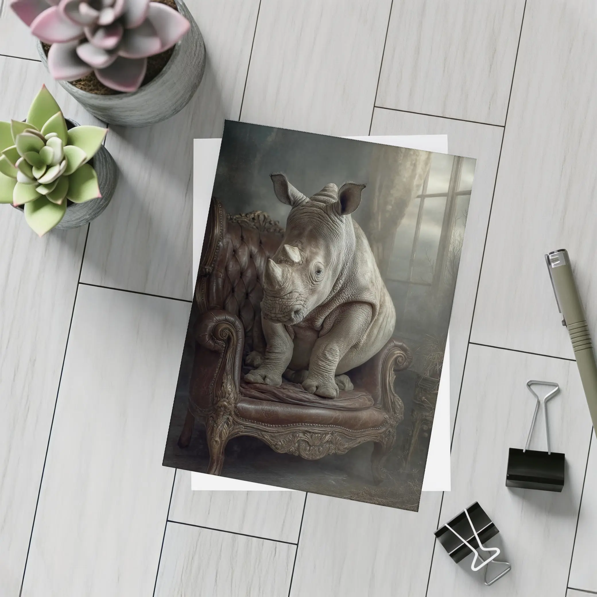 Rhino Sitting on Vintage Leather Armchair – Postcards
