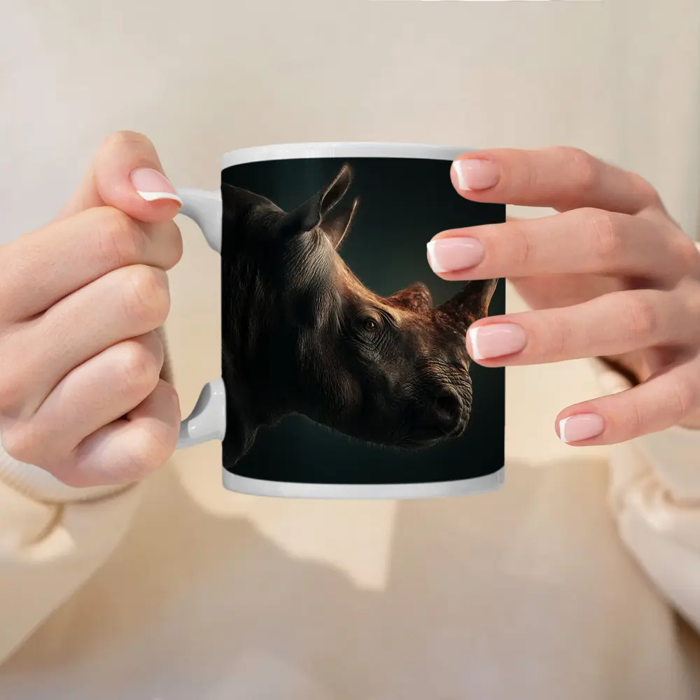 Rhinoceros Portrait Dark Studio Background – Mugs