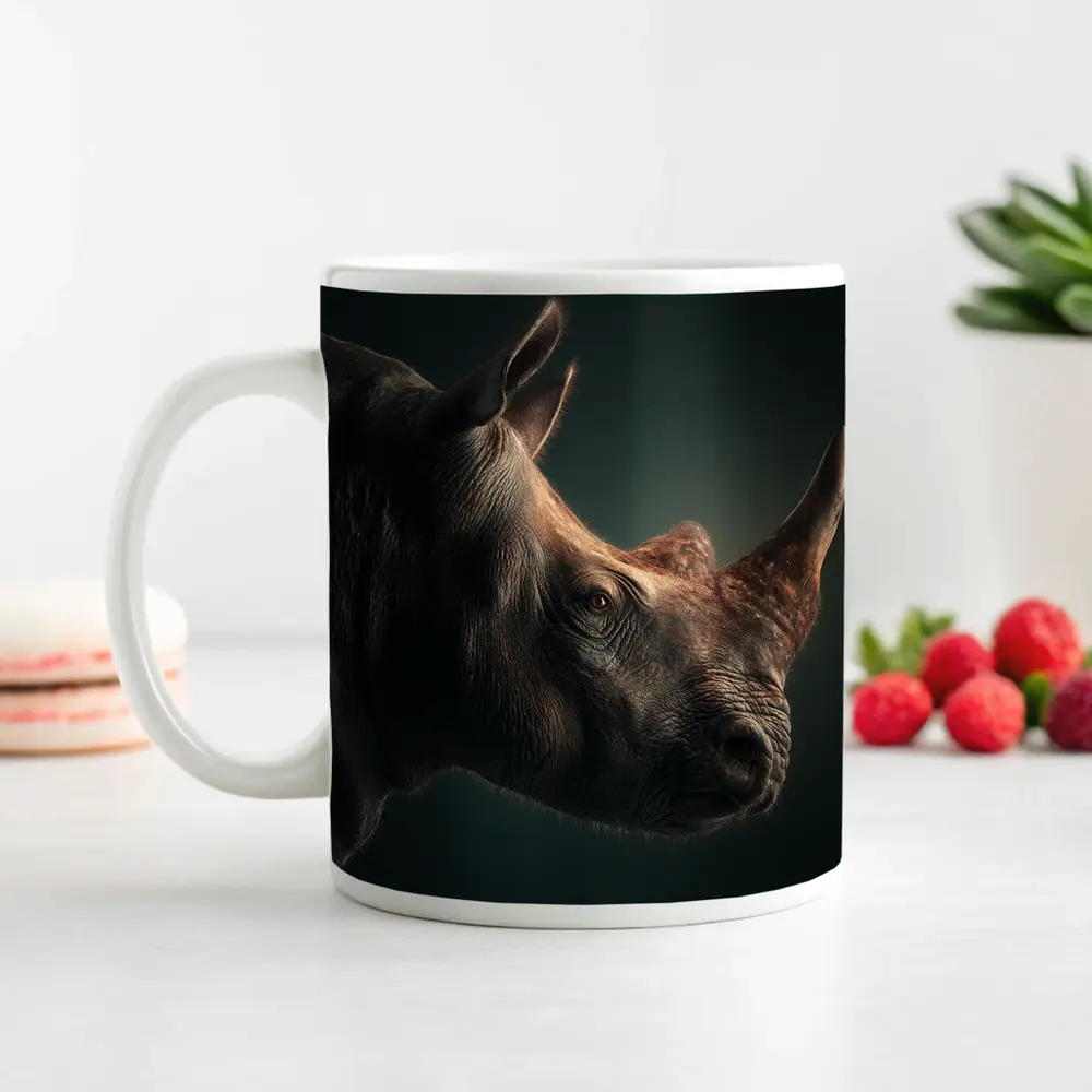 Rhinoceros Portrait Dark Studio Background – Mugs