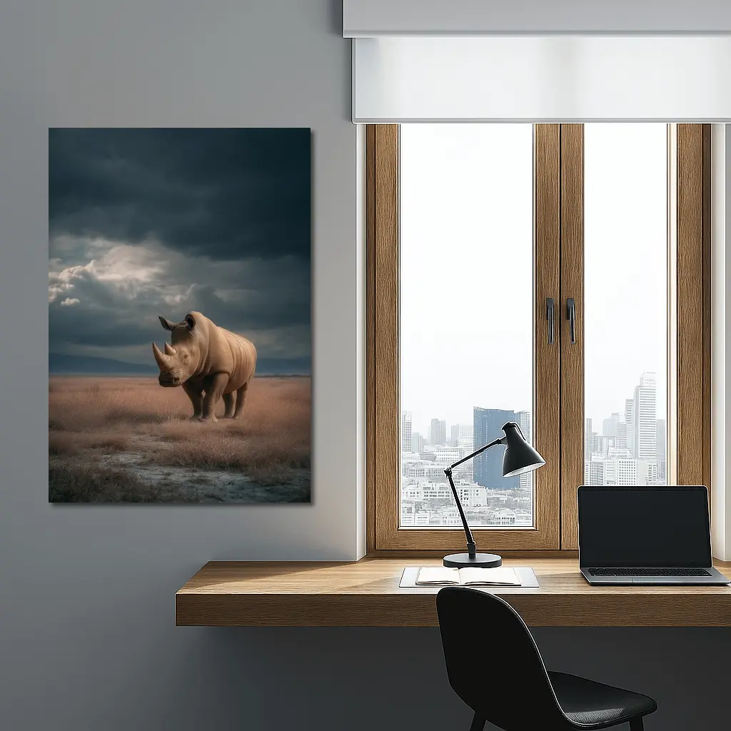 Rhino Standing In Stormy Savanna Landscape – Wall Art