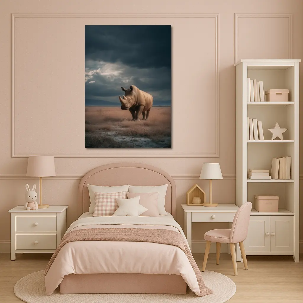 Rhino Standing In Stormy Savanna Landscape – Wall Art