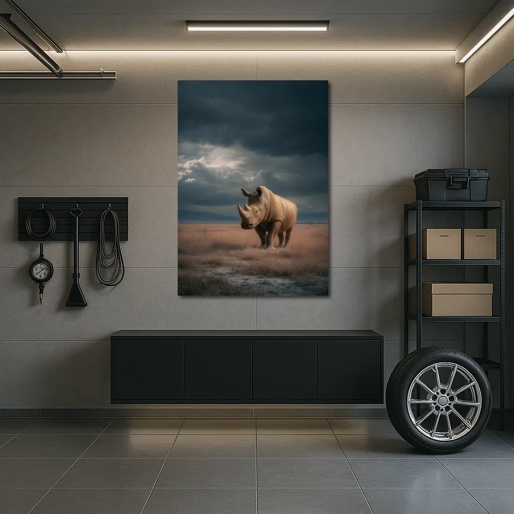 Rhino Standing In Stormy Savanna Landscape – Wall Art