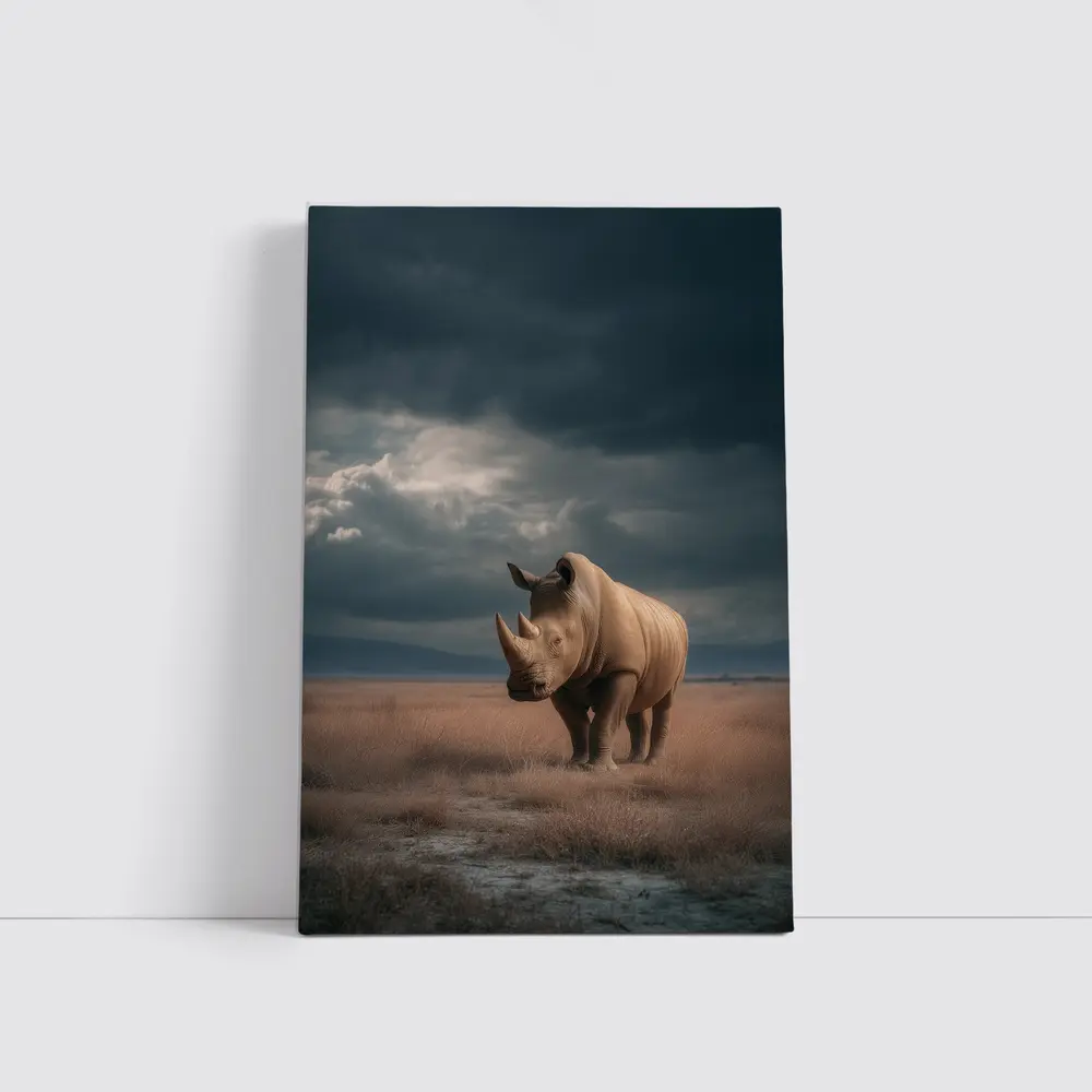 Rhino Standing In Stormy Savanna Landscape – Wall Art