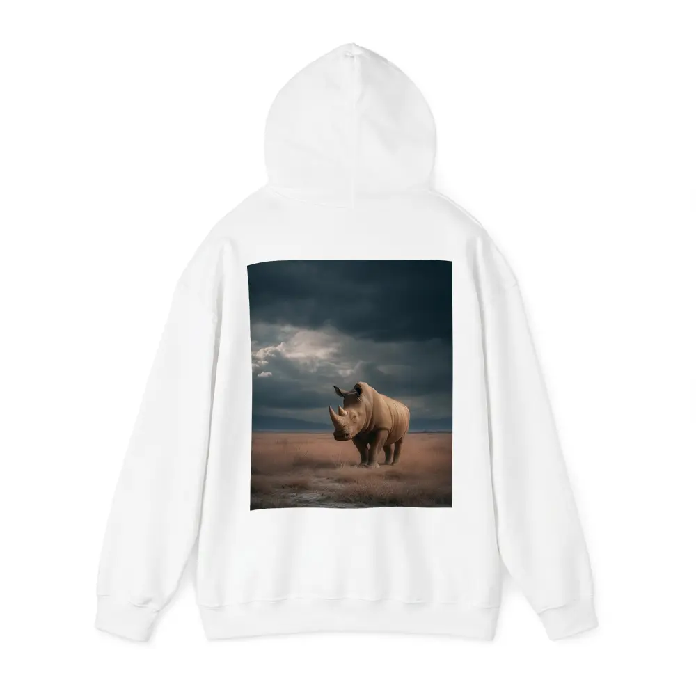 Rhino Standing In Stormy Savanna Landscape – Hoodies