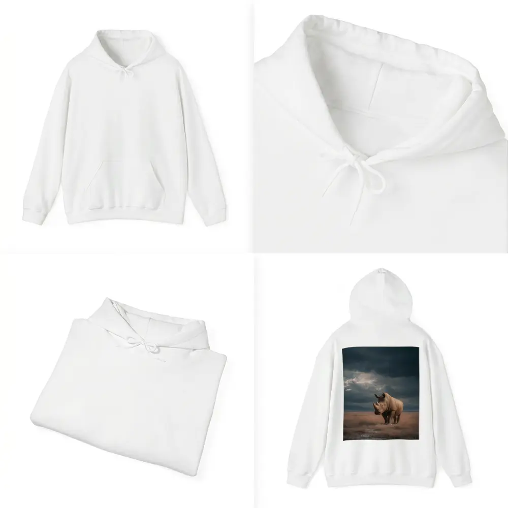 Rhino Standing In Stormy Savanna Landscape – Hoodies