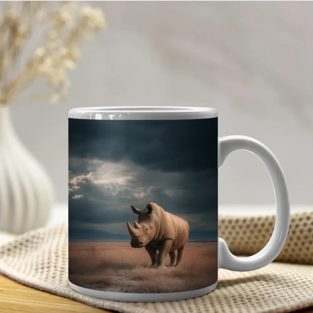 Rhino Standing In Stormy Savanna Landscape – Mugs