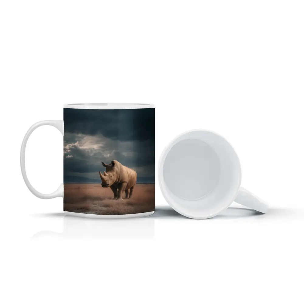 Rhino Standing In Stormy Savanna Landscape – Mugs