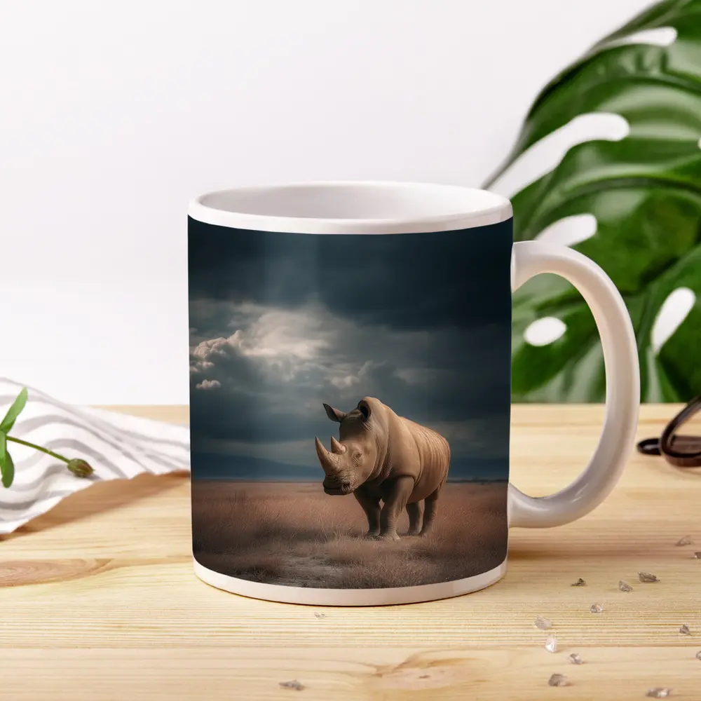Rhino Standing In Stormy Savanna Landscape – Mugs