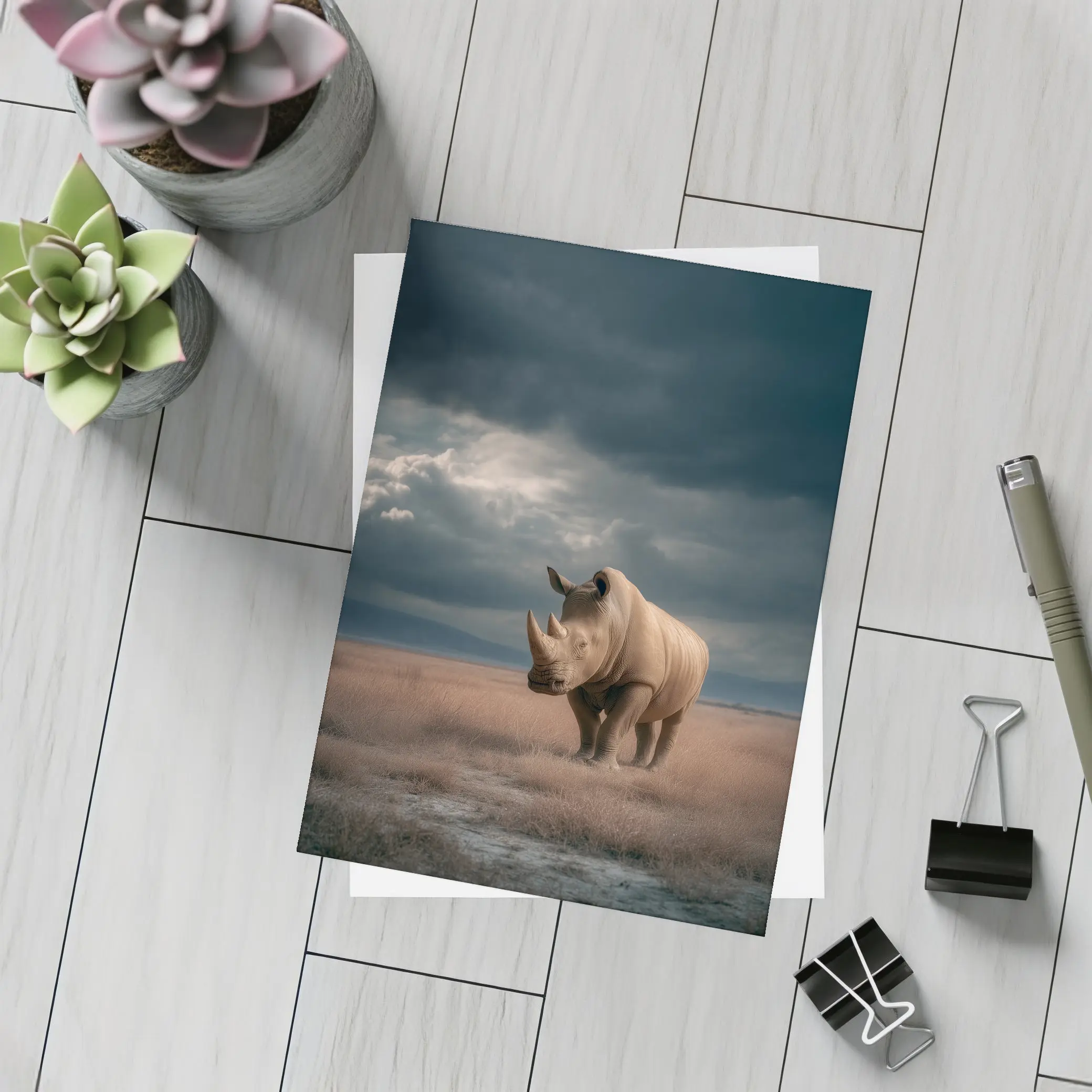 Rhino Standing In Stormy Savanna Landscape – Postcards
