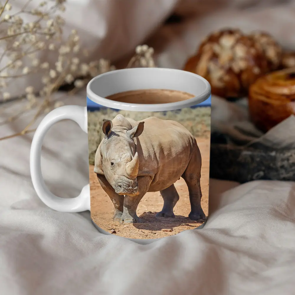 White Rhino Standing on African Desert Plains – Mugs