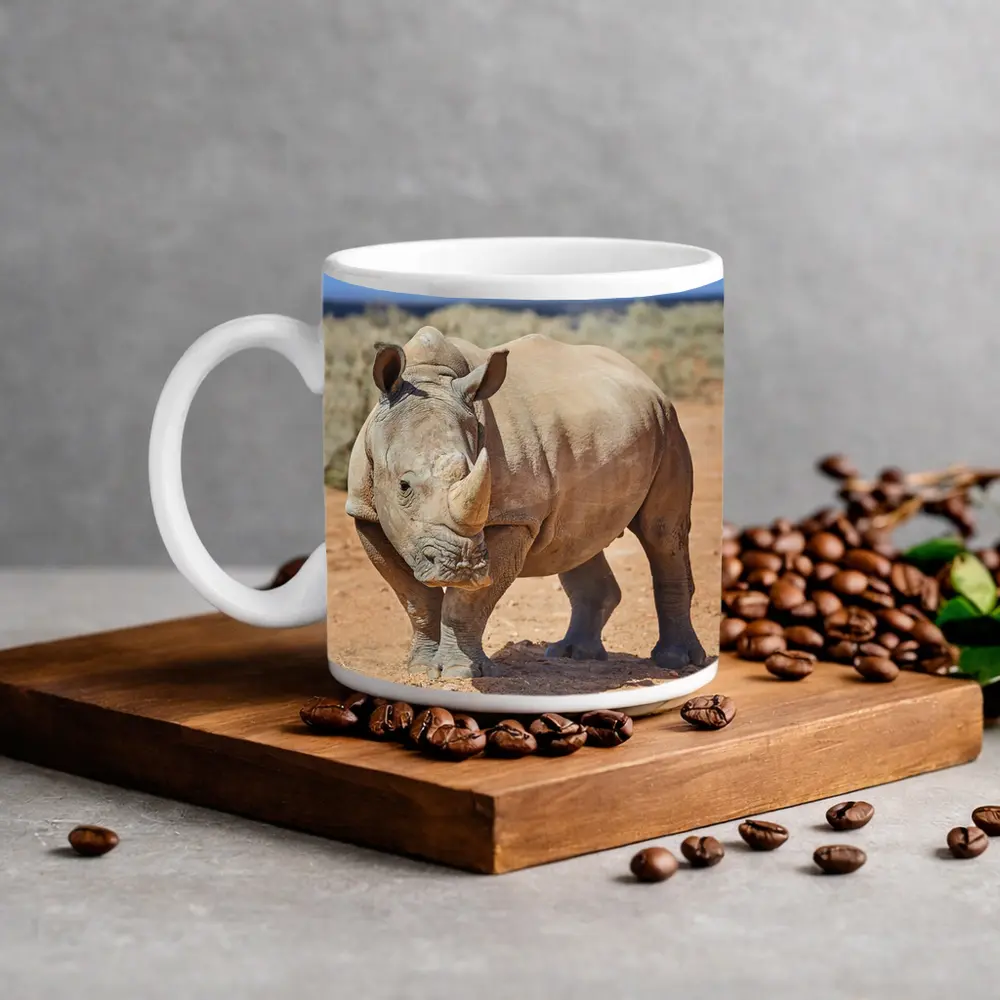 White Rhino Standing on African Desert Plains – Mugs