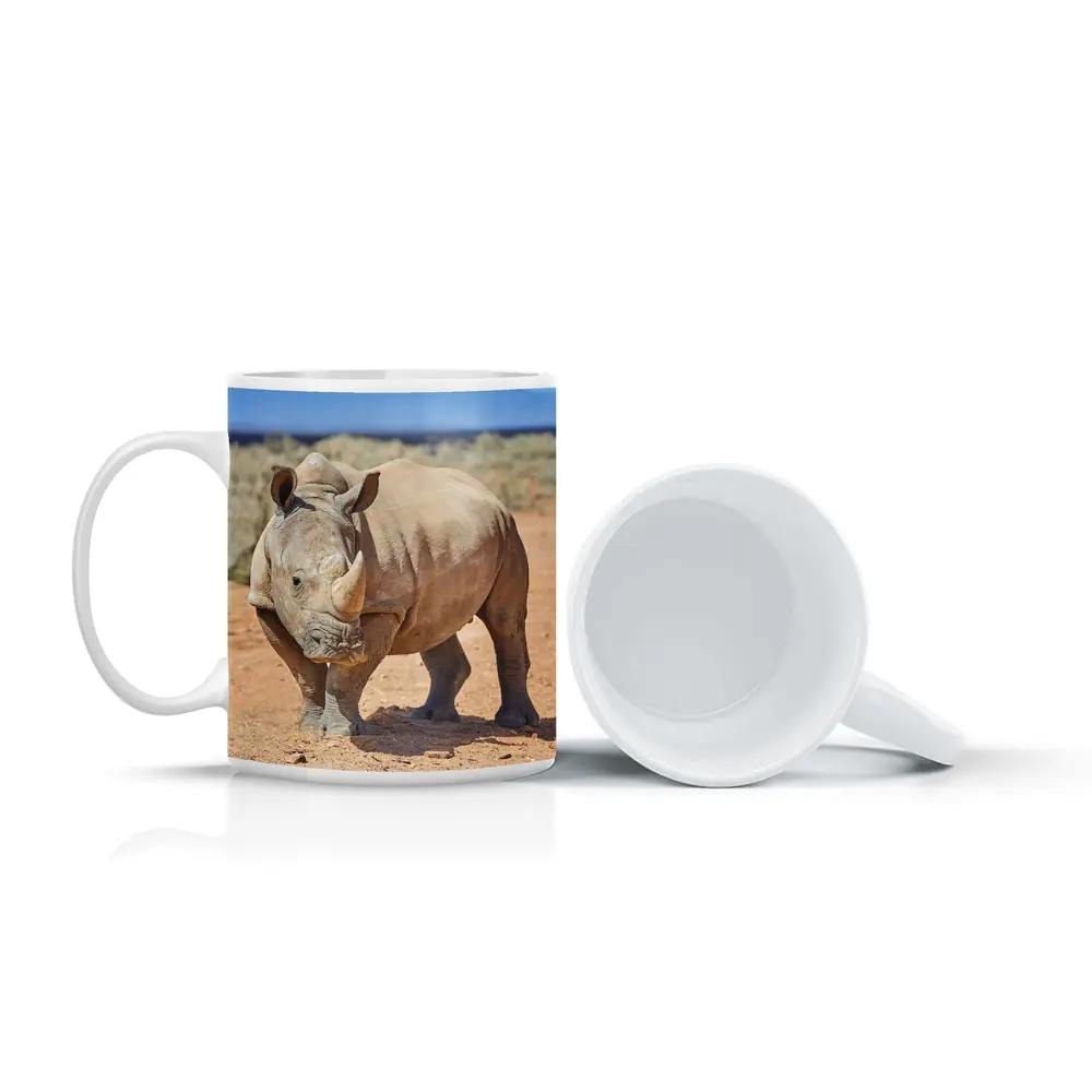 White Rhino Standing on African Desert Plains – Mugs