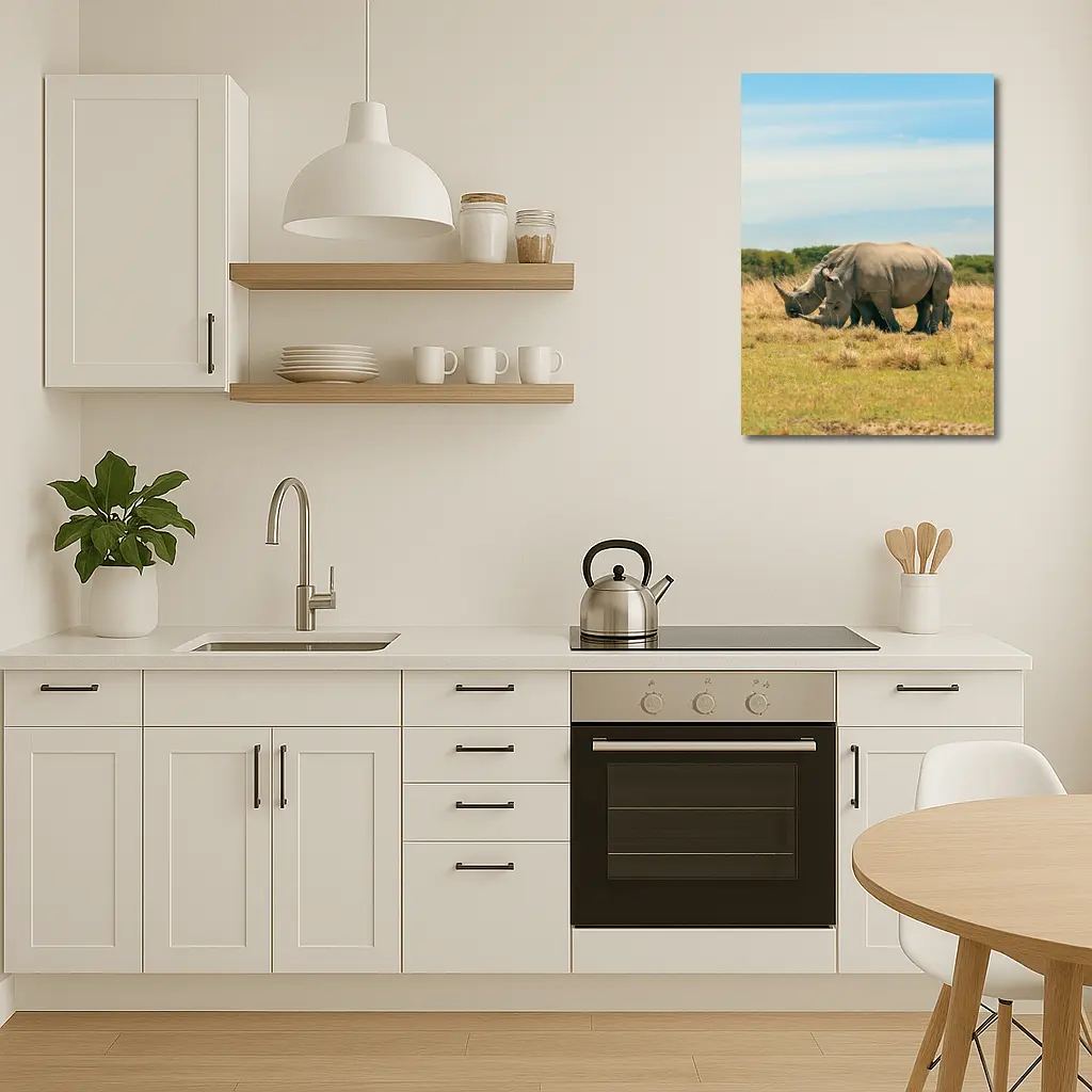 White Rhino Pair Grazing African Savanna – Wall Art