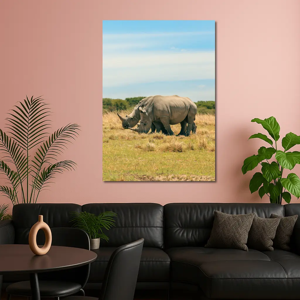 White Rhino Pair Grazing African Savanna – Wall Art