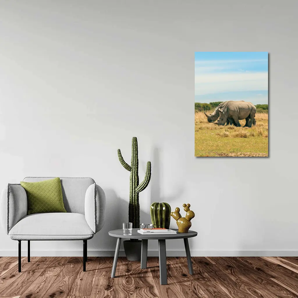 White Rhino Pair Grazing African Savanna – Wall Art