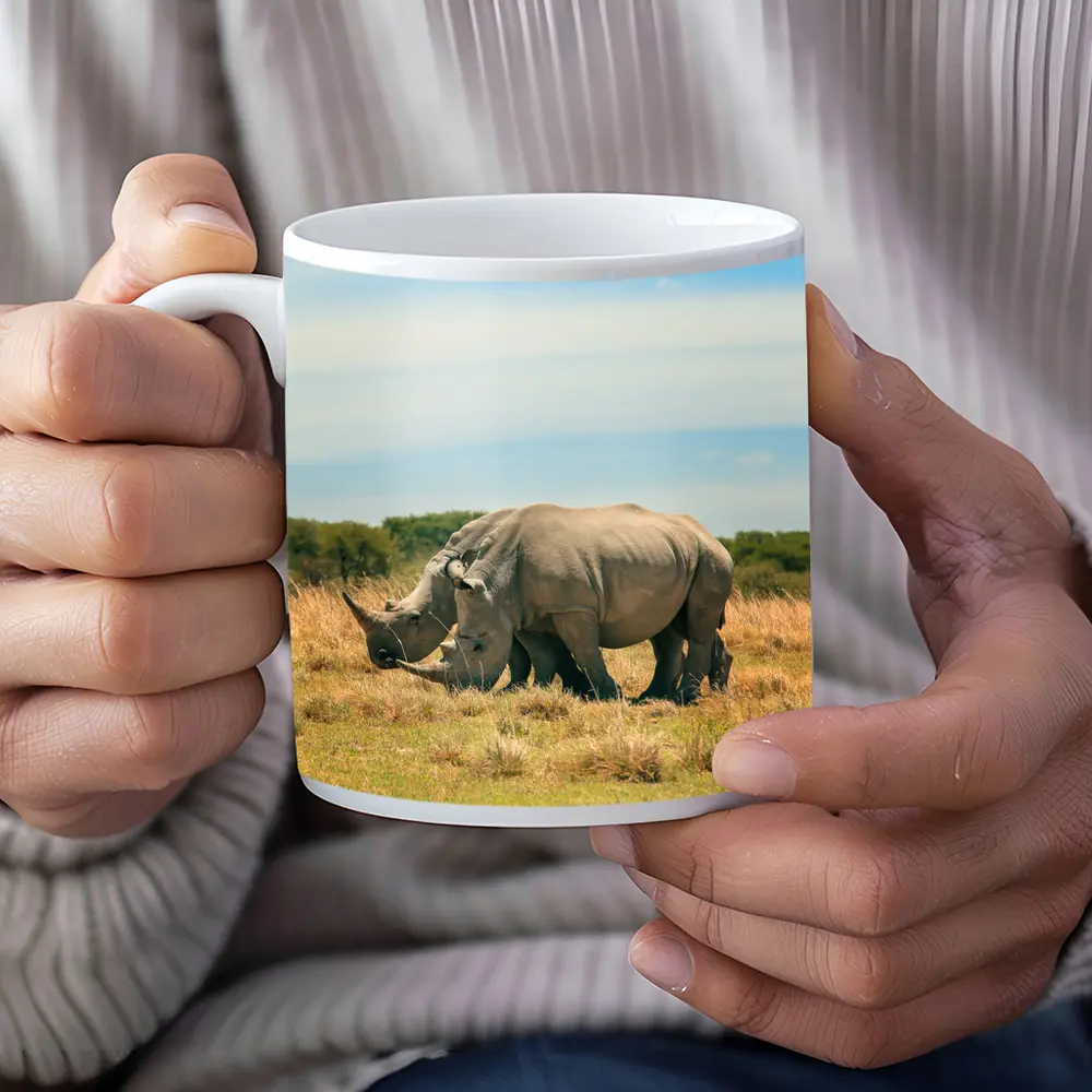 White Rhino Pair Grazing African Savanna – Mugs